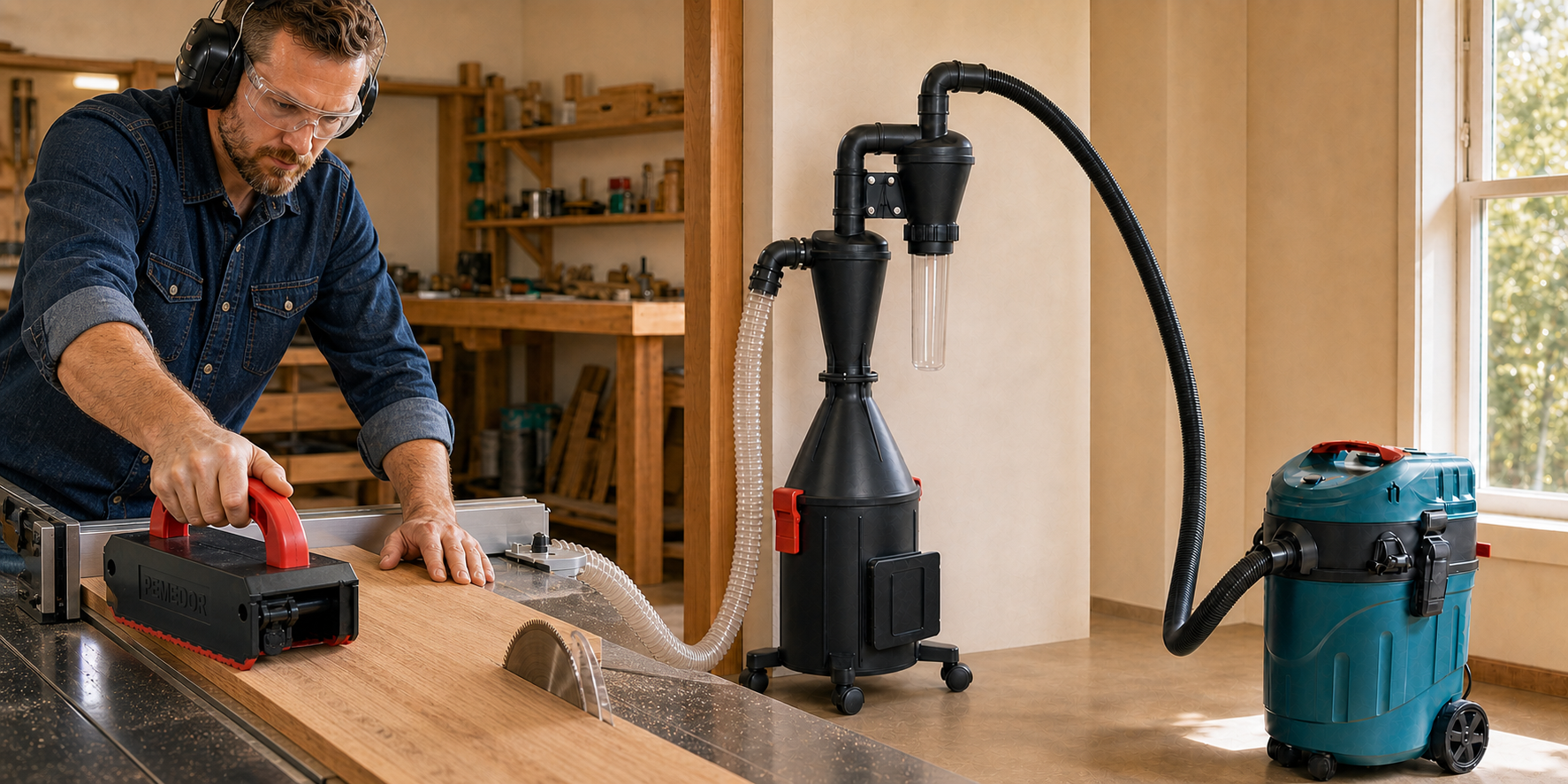Woodworker cutting timber with a Pemedor rocket separator and wet dry shop vacuum connected